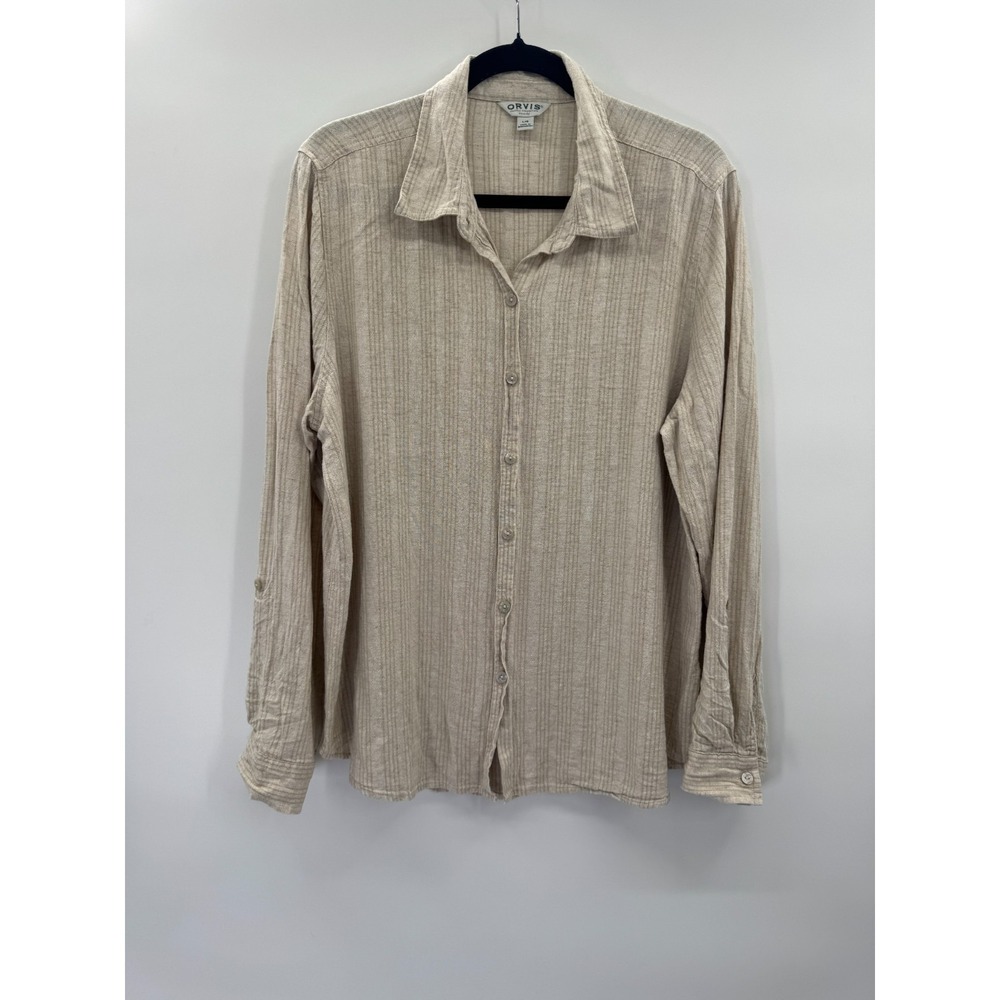Orvis Large Linen Casual Button Down Long Sleeve Khaki Striped Coastal Preppy - Picture 2 of 16